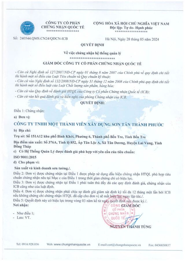 Quyết định chứng nhận hệ thống quản lý