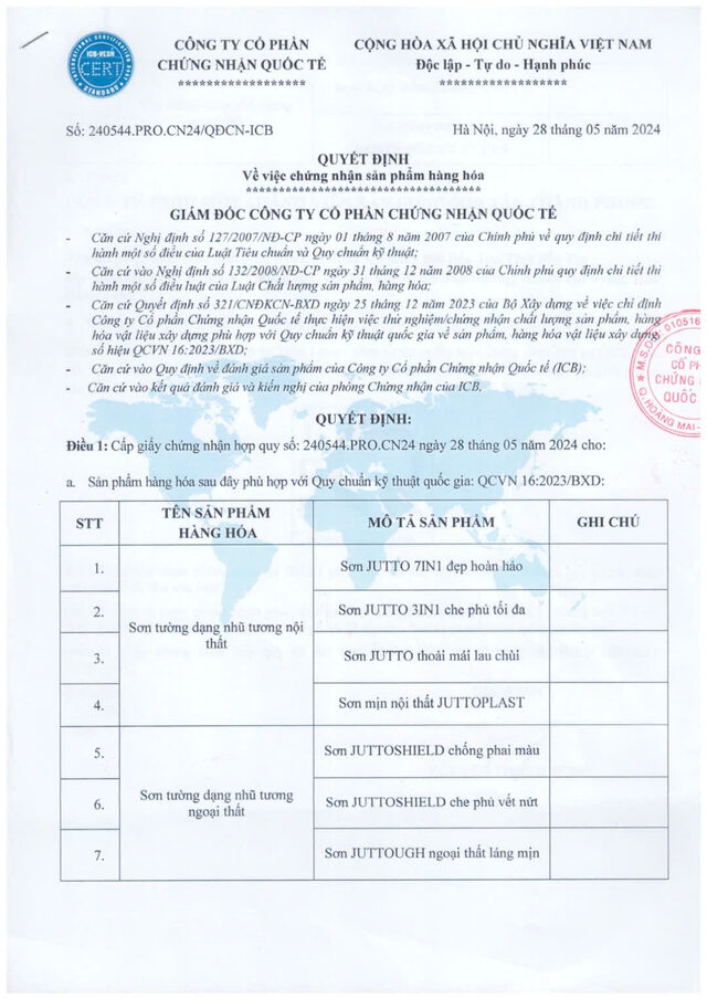 Quyết định chứng nhận sản phẩm, trang 1