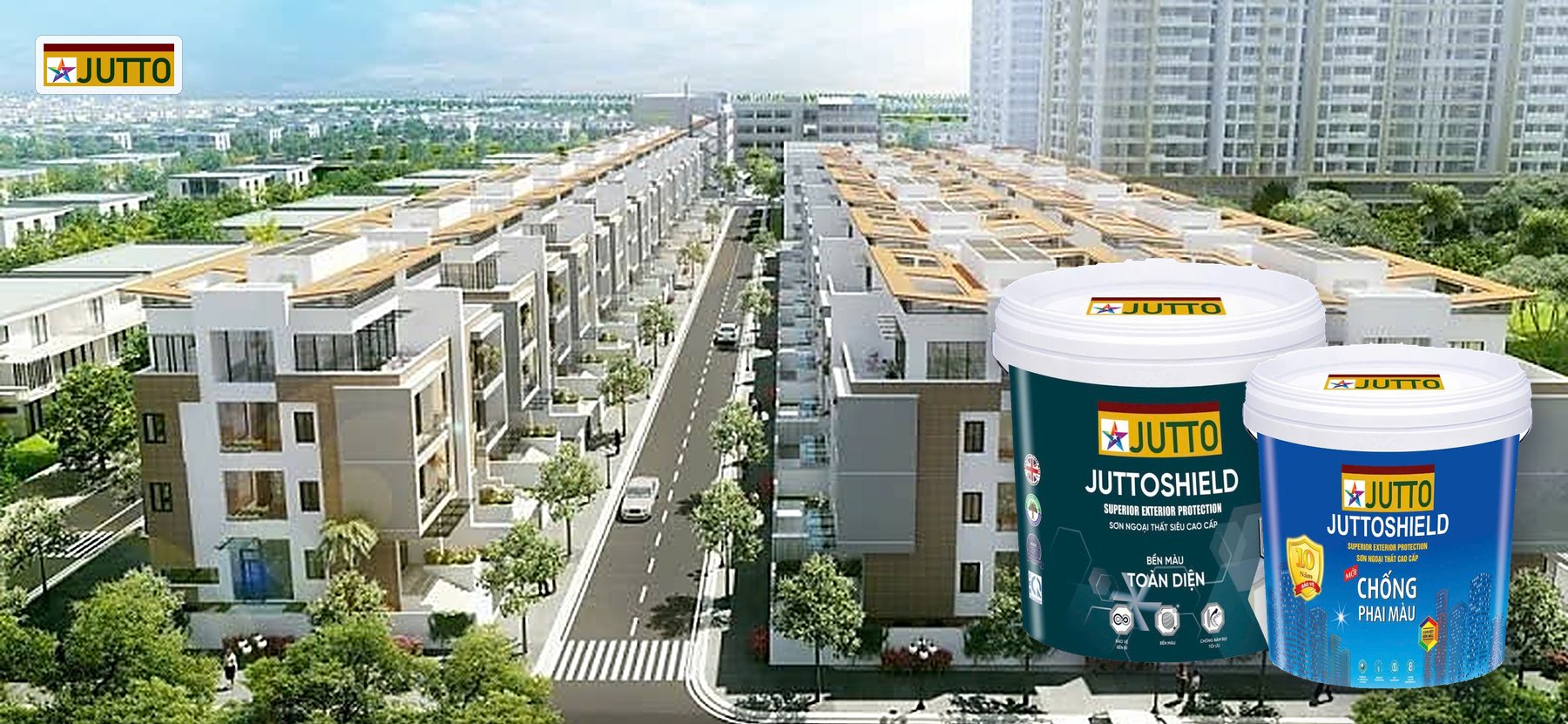 Ảnh minh hoạ khu đô thị nhà liền kề, cùng hai dòng sơn ngoại thất JUTTOSHIELD Bền Màu Toàn Diện và Chống Phai Màu